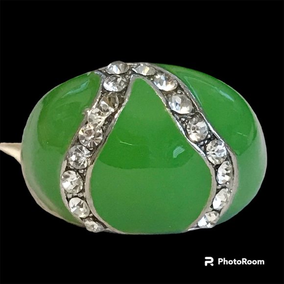 Vintage Green Enamel Cocktail Ring Silver Plated Crystal Rhinestone Size 8 Boho - Picture 4 of 12